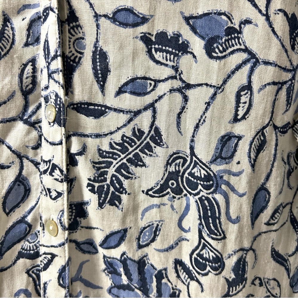 100% Linen Rachel Zoe Blue/Gray Floral Shirt Long Sleeves Roll Tab Buttons Sz M - Picture 7 of 10